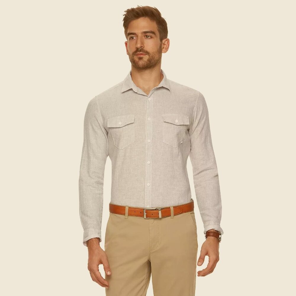DKNY TAUPE BEIGE LINEN BUTTON-UP SHIRT MEN SIZE L